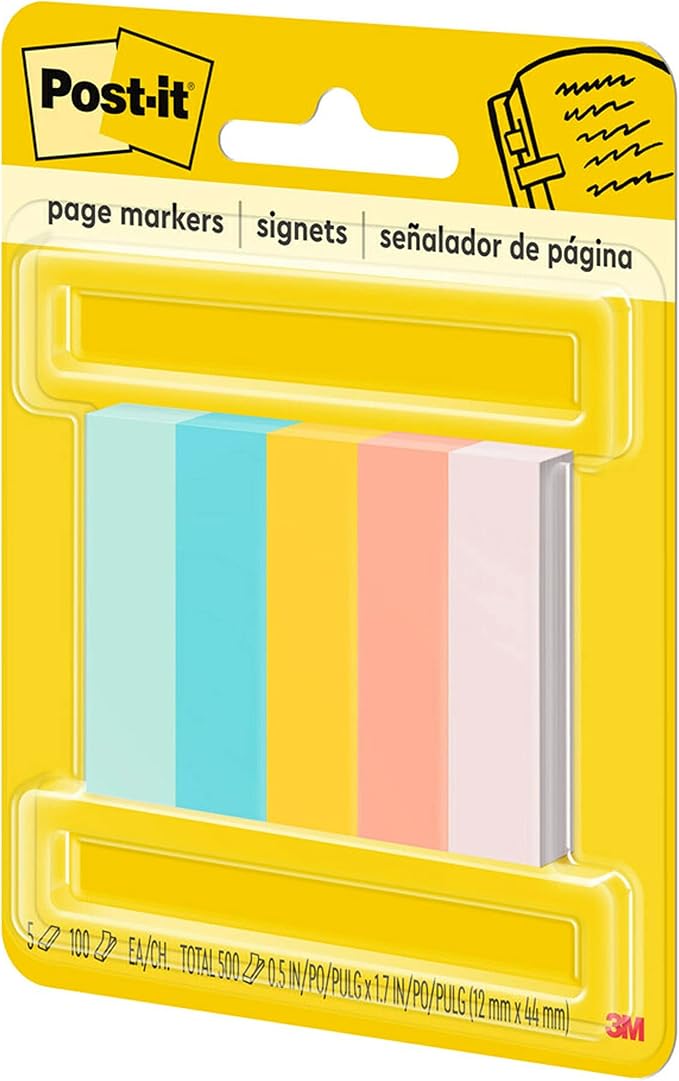 Post-it Page Markers, 1/2 in X 1-3/4 in, Assorted Bright Colors, 100 Sheets/Pad, 5 Pads/Pack (670-5AF2)