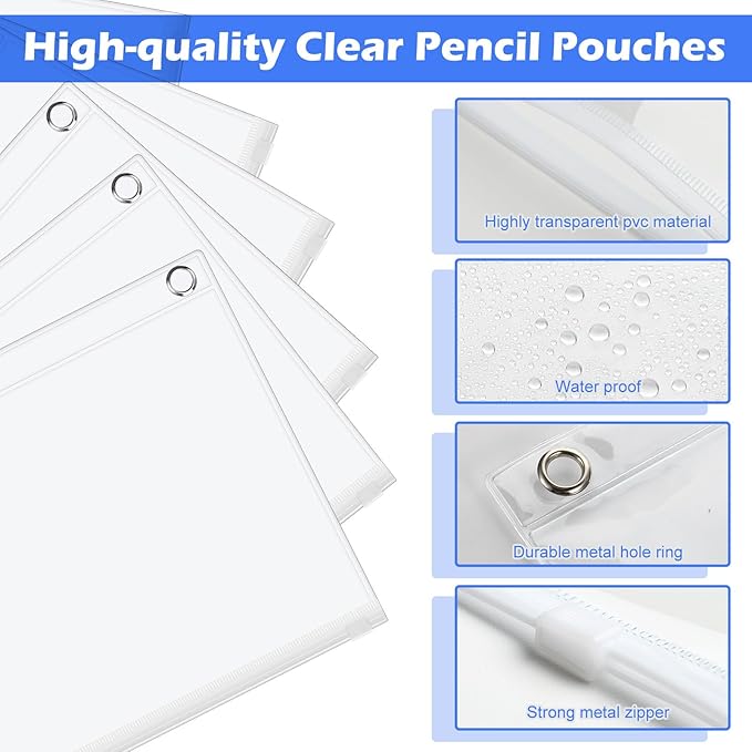 Lincia 24 Pack Clear Pencil Pouch for 3 Ring Binder Pencil Case with Zipper 3 Ring Binder Pocket Insert Bag 10 x 7'' Visible Cash Envelope with Re-enforced Grommet for Office (White,Clear)