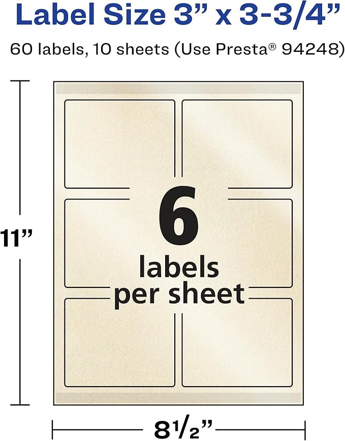 Avery Pearlized Ivory Rectangle Labels, Sure Feed Technology, Print-to-The-Edge, 3" x 3.75", 60 Pearlized Ivory Labels, Laser/Inkjet Printable