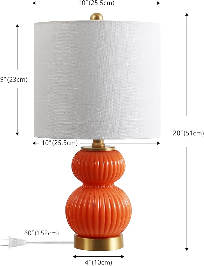 JONATHAN Y 20" Orange/Brass Gold Ribbed Gourd Glass Table Lamp, Modern Bedside Lamp for Bedroom Living Room, White Linen Drum Shade, LED Bulb Included (JYL1099E)