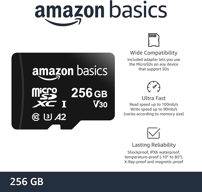 Amazon Basics Micro SDXC Memory Card with Full Size Adapter for Smartphones, Tablets, Action Cameras, Full HD, A2, U3, Read Speed up to 100 MB/s, 256 GB, Black