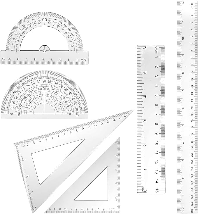6pcs Transparent Plastic Geometry Kit Plastic Clear Ruler Math Set, Includes 6/12 Inch Straight Rulers, 2 Protractors 180 Degree, 2 Triangle Rulers Measuring Tool for Office Home Drawings