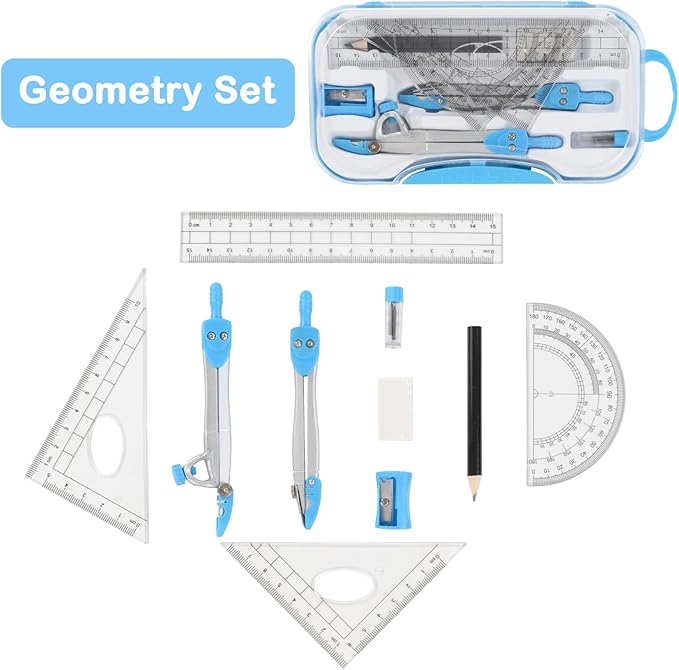 Geometry Set 10 Pcs Student Supplies with Storage Box, Includes 3 PCS Rulers, 2 Types Compasses, Protractor, Pencil, Pencil Sharpener, Eraser and Pencil Lead for Drafting and Drawings