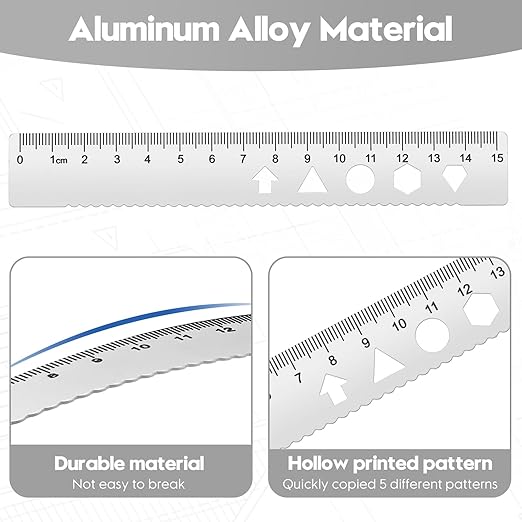 MSDADA Triangle Ruler, Protractor, Square and Ruler Set, 4 Pieces Aluminum Alloy Ruler, Metal Drafting Ruler Kit, Geometric Protractor for Student, School, Home, Office (Silver, 15cm/5.9inch)
