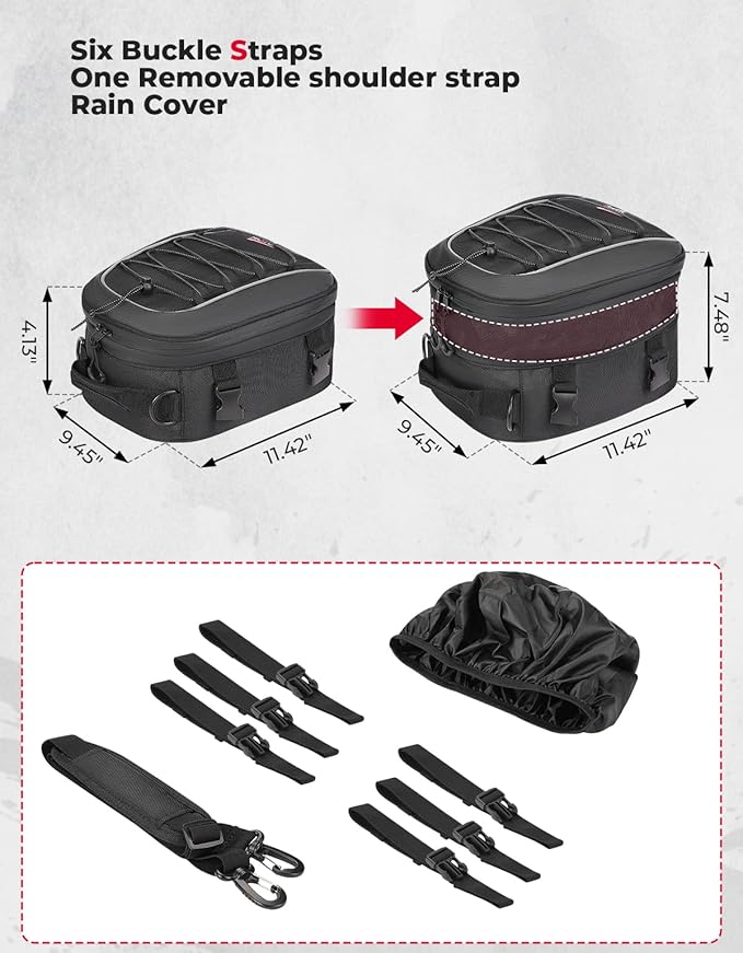 KEMIMOTO Motorcycle Tail Bag, Dual Use Motorcycle Rear Seat Bag with Waterproof Rain Cover, 7-14L Expandable Motorbike Small Bag Luggage Storage Backpack with 6 straps & 1 shoulder strap