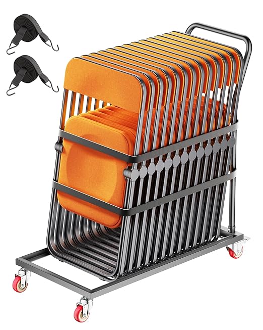 VEVOR Folding Chair Rack, 300 LBS Capacity, L-Shape Vertical Placement Chair Cart for 25 Chairs, Heavy-Duty Metal Chair Storage Dolly with Rubber Wheels, Multi-Function Chair Holder, Matte Black