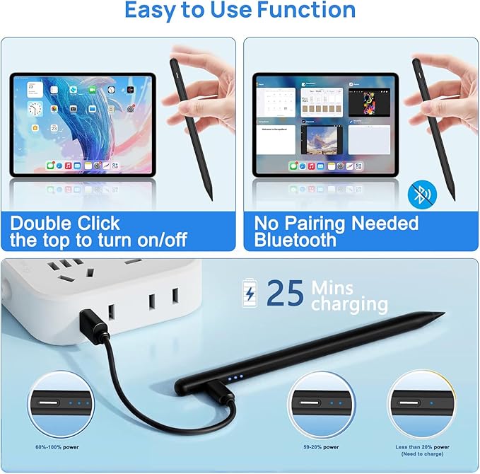 Stylus Pen for Apple iPad A16/11th 2025-2018 iPad Pencil A16/11/10/9/8/7/6,Air 11"/13" M3/M2/5th-3rd,Pro 13"/11"/M4/12.9",Mini A17 Pro/6/5th Stylus Palm Rejection Tilt Sensitivity Fast Charge-Black