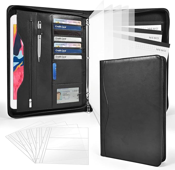 3-Ring Padfolio Portfolio Binder Organizer,PU Leather Folder Binder Business Planner Notebook Zippered Portfolio for Women/Men with Document Sleeve,Letter/A4 Size Clipboard