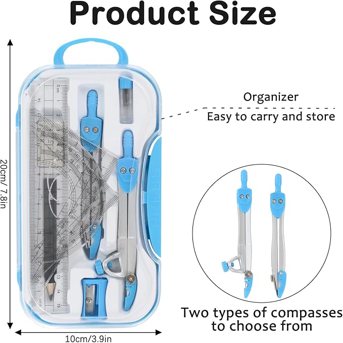 Geometry Set 10 Pcs Student Supplies with Storage Box, Includes 3 PCS Rulers, 2 Types Compasses, Protractor, Pencil, Pencil Sharpener, Eraser and Pencil Lead for Drafting and Drawings