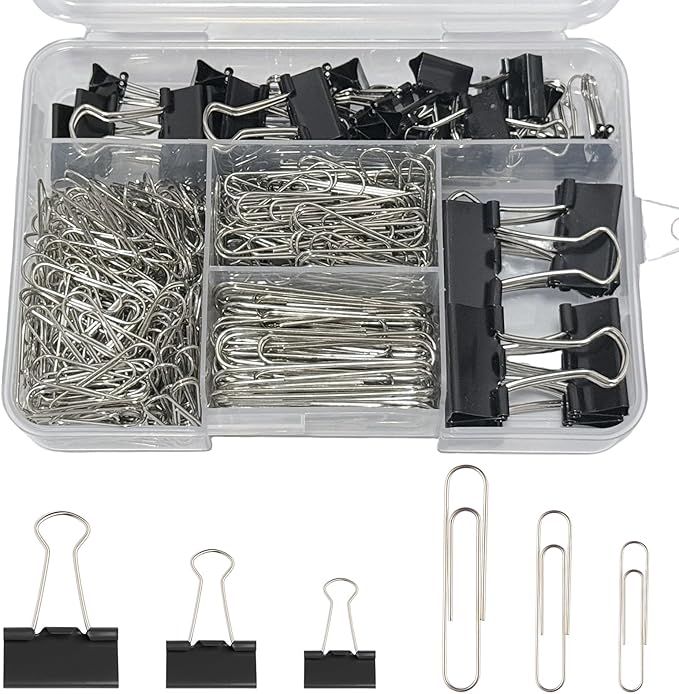 360PCS Black Assorted Size Paper Clips and Binder Clips, Paperclips Large Medium Small, Binder Clip and Paper Clip Set for Home, School, and Office Supplies in a Container with Compartments