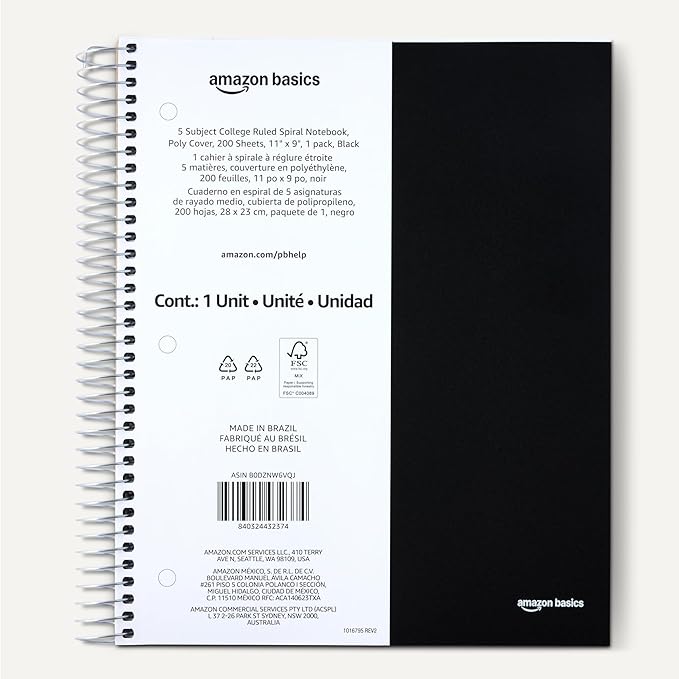 Amazon Basics College Ruled Spiral Notebook, Poly Cover, 5 Subject, 200 Sheets, 9" x 11", Black, 1-pack