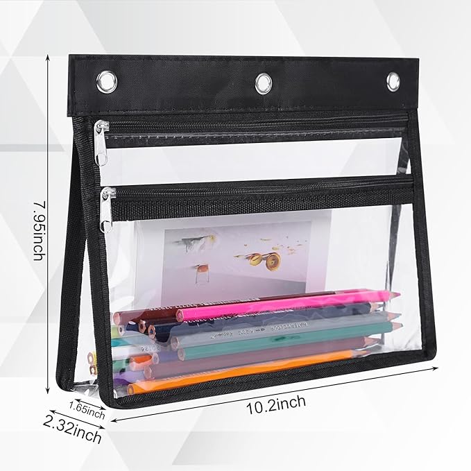 YoeeJob 6 Pack Zipper Pencil Pouches for 3 Ring Binder, 1.5 Inch Expandable with 2 Pockets and Clear Window for School and Office (Black)