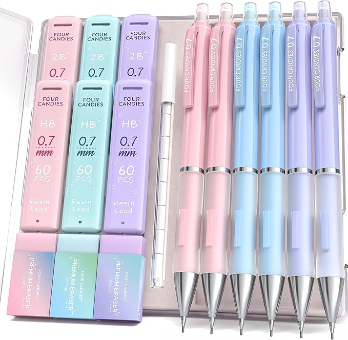 Four Candies Mechanical Pencil Set - 0.7mm (Medium Point), 6PCS Cute Pencils Mechanical with 360PCS (HB & 2B) Lead Refills & 12PCS Erasers & 1PCS Storage Case, Pastel Aesthetic Lead Pencils for School