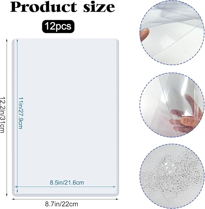 Rainmae 12 Pack 8.5" x 11" Rigid Print Protectors, Clear Waterproof Hard Plastic Page Sheet Protectors, Paper Sleeves Photo Plastic Sleeves Hard Document Birth Certificate Protector