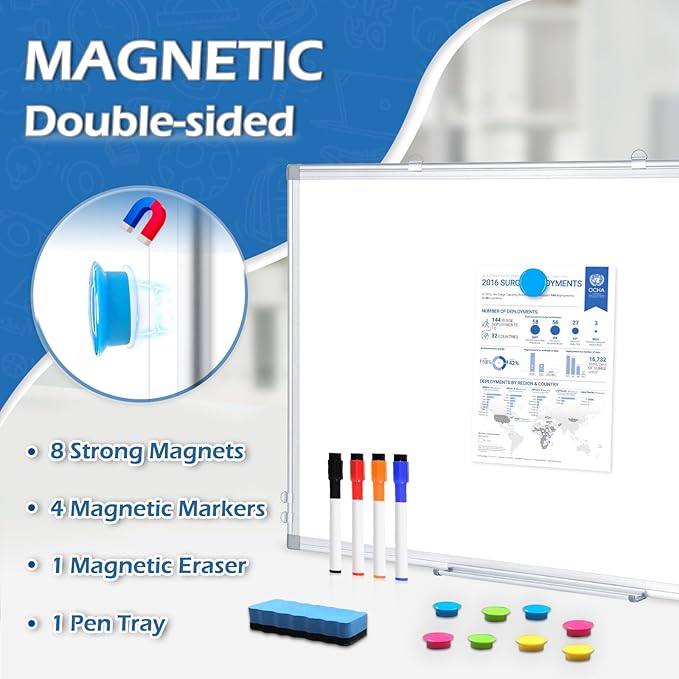 DOLLAR BOSS Dry Erase Whiteboard, 30 x 20 Inch Double-Sided Magnetic White Board for Wall Silver Aluminum Frame for Office School Home with 8 Magnets 4 Markers 1 Eraser 1 Detachable Pen Tray