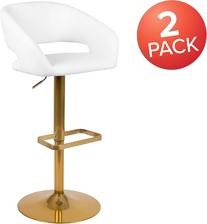 Flash Furniture Erik Comfortable & Stylish Contemporary Barstool with Rounded Mid-Back and Foot Rest, Adjustable Height - White Vinyl with Gold Base, Set of 2