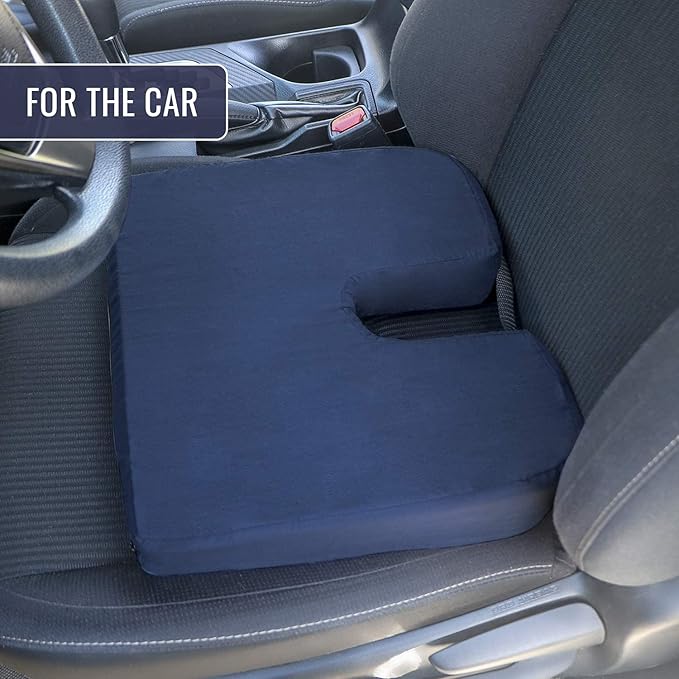 DMI Sloping Back Foam Seat Cushion for Coccyx Pain Relief, For Use with Chairs and Wheelchairs, With Cover, FSA HSA Eligible, 16 x 18 x 2 – 4 Inches, Navy.
