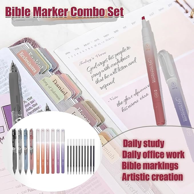 CHANGLi Bible Study Gel Pen Set with Highlighters-3 Black 2 Red Gel Pens, 6 Dual-Tip Pastel Highlighters, 75 Bible Index Tabs&10 Refills-No Bleed, Smooth Writing-Perfect Christian Gift for Journaling