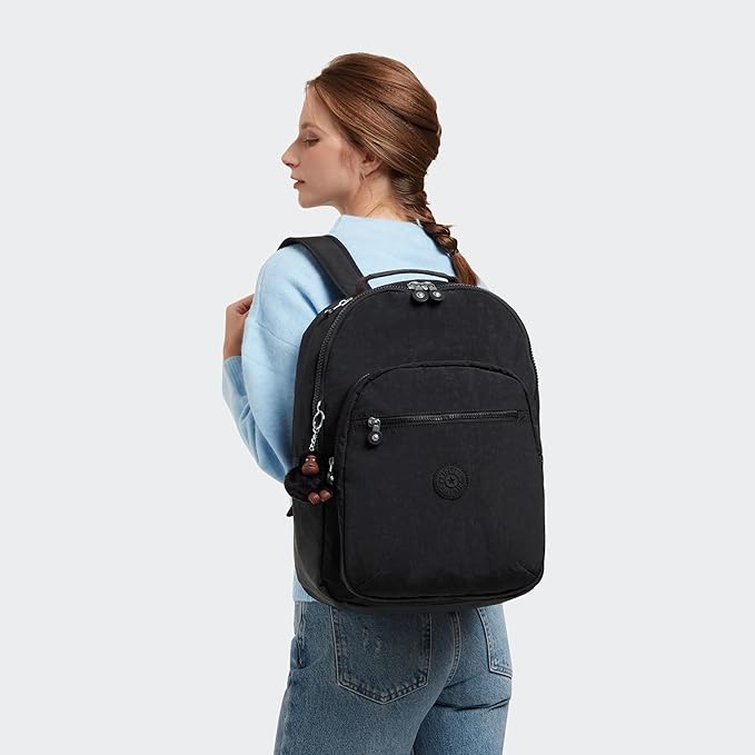 Kipling Women's Seoul 15" Laptop Backpack, Durable, Roomy with Padded Shoulder Straps, Built-In Protective Sleeve, Black Tonal Cu, 12.75''L x 17.25''H x 8''D
