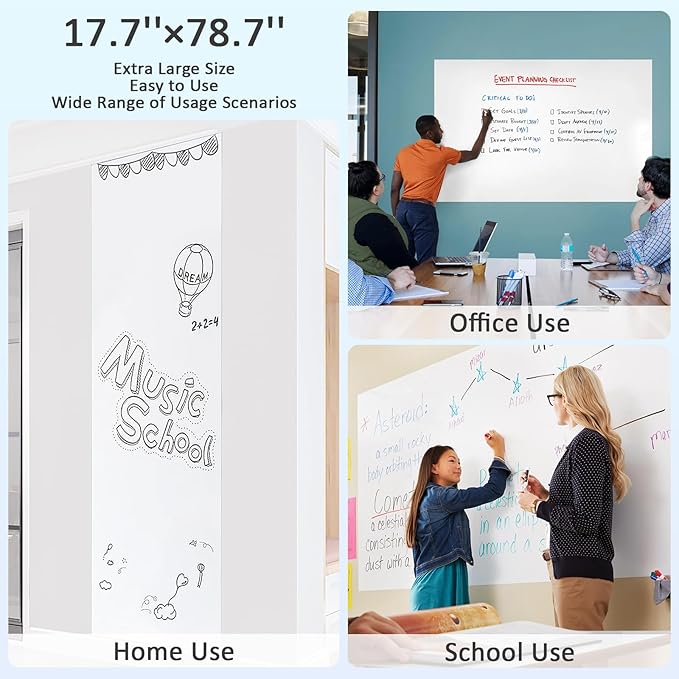 White Board Paper with 2 Markers, Dry Erase Contact Paper, Peel and Stick Whiteboard Sticker, Self-Adhesive White Board Roll Wallpaper for Office Work/Home/Drawing (17.7"×78.7")