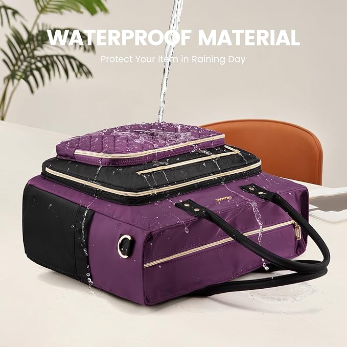 LOVEVOOK Teacher Tote Bag for Women Work, Laptop Bag Work Tote Bag Nurse Bags With Large Cup Holder, Professional Computer Briefcase Business Large Purses Handbag, Diaper Bag Mother Gift, Black-Purple