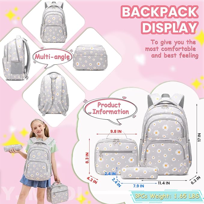 YJMKOI 3Pcs Daisy Prints Backpack for Girls Middle-School Elementary Students Bookbag Set with Lunch Box (Pink)