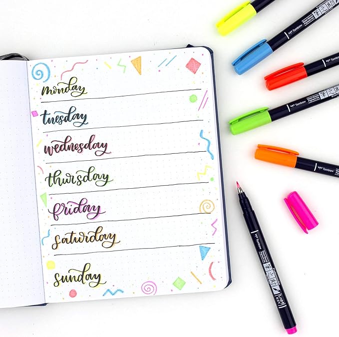 Tombow 56437 Fudenosuke Neon Brush Pen, 6-Pack. Hard Tip Fudenosuke Brush Pens in Assorted Neon Colors for Calligraphy and Art Drawings