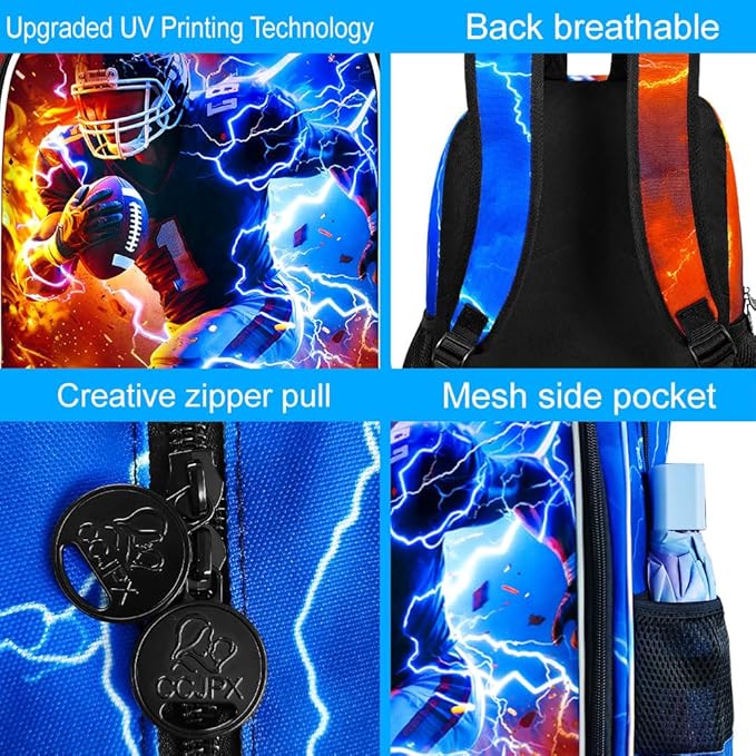 gxtvo 3PCS Rugby School Backpack for Boys, 17" Kids Bookbag with Lunch Box, Water Resistant Middle Elementary - Fire & Lightning Rugby Player