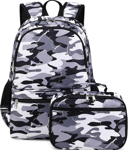 DSIUE Backpacks for Boys School Bags for Kids Elementary Bookbag and Lunch Box Set Camo Grey