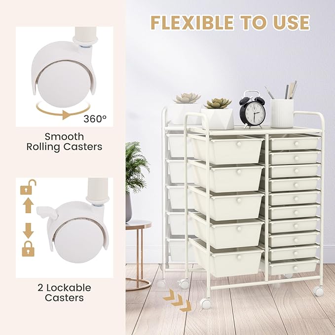 COSTWAY 15 Drawer Rolling Storage Cart, Mobile Utility Cart with Lockable Wheels, Drawers, Multipurpose Organizer Cart for Home, Office, School, White