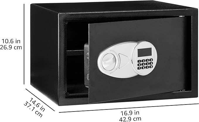 Amazon Basics Steel Security Safe and Lock Box with Digital Keypad, Easy to Use, Removable Shelf, Secure Cash, Jewelry, Documents, Black, 1.2 Cubic Feet, 16.9-x-14.6-x-10.6-inches (WxDxH)