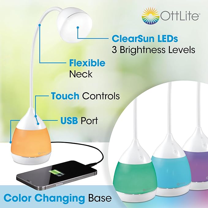 OttLite Mood LED Desk Lamp with Color Changing Base – Charging USB Port, Touch Activated Controls, Flexible Neck, ClearSun LED Light, for Work, Study, Reading