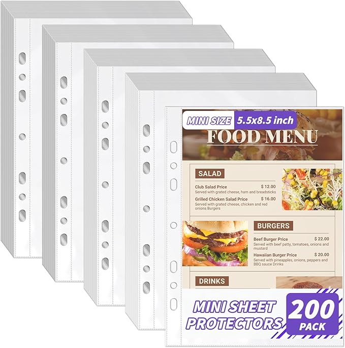 200 Pack 5.5x8.5 Inch Sheet Protectors for 3 or 6 Ring A5 Binder, Half Letter Size 7 Holes Mini Heavy-Duty Sheet Protector Sleeves Crystal Clear Playbill Binder Pockets