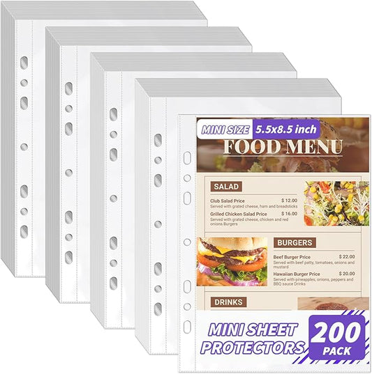 200 Pack 5.5x8.5 Inch Sheet Protectors for 3 or 6 Ring A5 Binder, Half Letter Size 7 Holes Mini Heavy-Duty Sheet Protector Sleeves Crystal Clear Playbill Binder Pockets