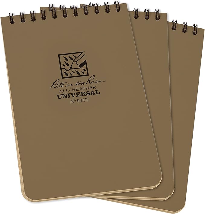 Rite in the Rain Weatherproof Top-Spiral Notebook, 4" x 6", Tan Cover, Universal Pattern, 3 Pack (No. 946T-3)