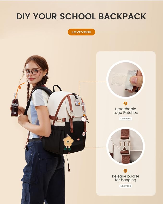LOVEVOOK School Backpack for Teen Girls, Waterproof Travel College Bookbag for Middle High School with Large Cup Holder & Pencil Case, Fits 15.6'' Laptop, Cute Aesthetic Kids Student Backpack