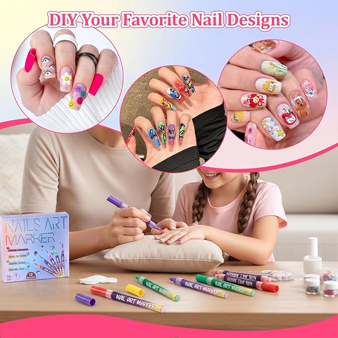 Nail Art Pens 12 Colors Set of 19pcs,3D Quick-Dry Nail Art Markers Polish Pen,Diy Nail Art Tools for Dotting Drawing Painting Point Liner,Home & Salon Manicure Tools
