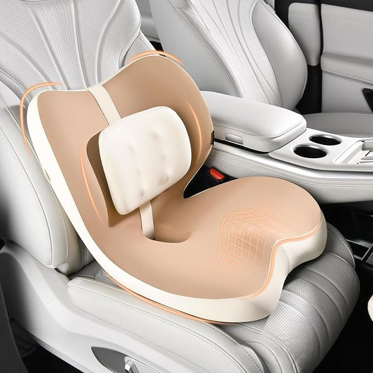 FLORICH 2 in1 Truck Seat Cushion and Lumbar Support Pillow Memory Foam Car Seat Cushion with Adjustable Strap for Truck Driver Long Drives, Fits Semi Truck Seat,Car,Office&Gaming Chair(Light Brown)