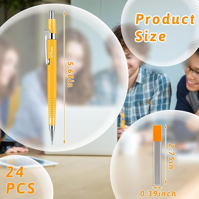 Gueevin 24 Pcs Mechanical Pencil Metal Penpoint Mechanical Pencil Retractable Automatic Drafting Pencils Refills for Writing Drawing Signature(0.9mm,Yellow)