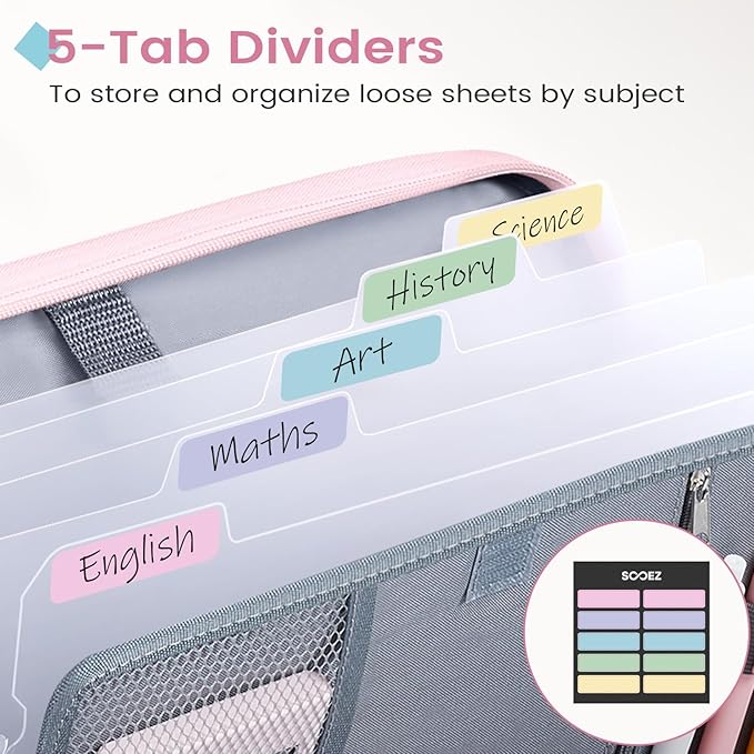 Sooez Zipper Binder Bag, 1 Inch Binders 3 Ring O-Ring, 5-Tab Dividers Expanding File Folder, 420-Sheet Capacity Three Ring Binder, Cute Organizer Storage for Student School Classroom Supplies, Blue