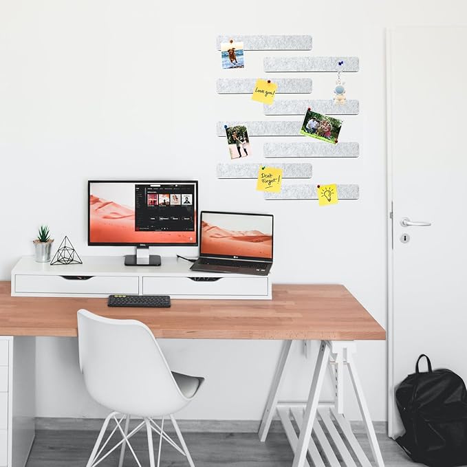 8Pcs Rectangle Felt Cork Board Bar Strips with 35 Pushpins, Self-Adhesive Bulletin Board Strips for Office School Home Wall Decor Stickers Memos Schedules Photos Display -Light Grey