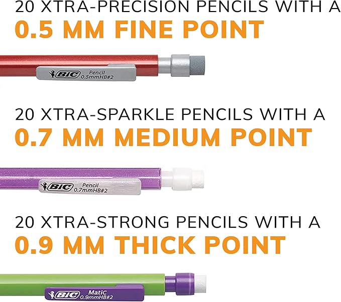 BIC Mechanical Pencil Variety Pack, Number 2 Mechanical Pencils With Erasers, Fine Point (0.5mm), Medium Point (0.7mm) and Thick Point (0.9mm), 60 Count, Bulk Mechanical Pencils for School or Work