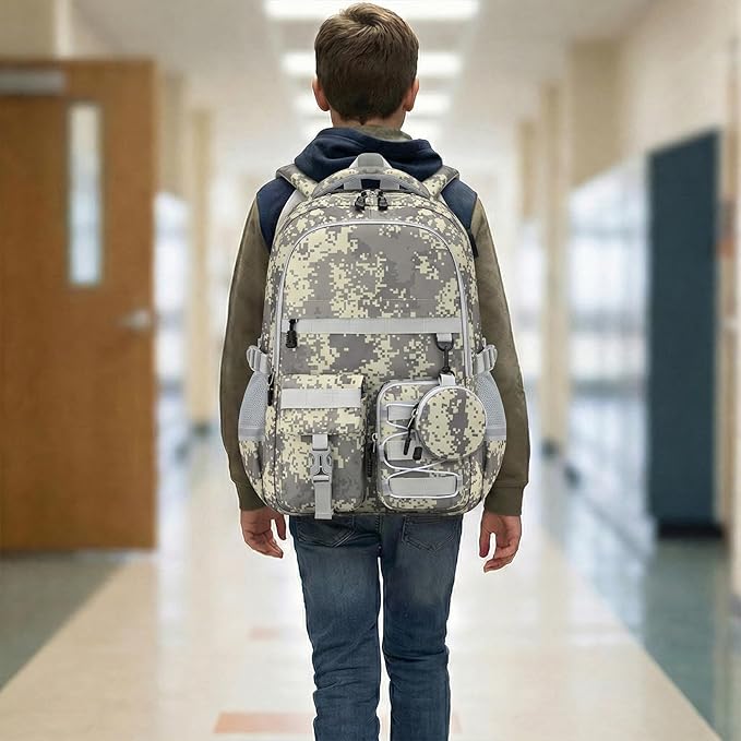 School Backpack for Boys - Camo Boys Backpack for Kids Teens Elementary, Middle & High School Bookbag Daypack with Camouflag Design,18″ Large Capacity with Usb Charging Port & Key-chain