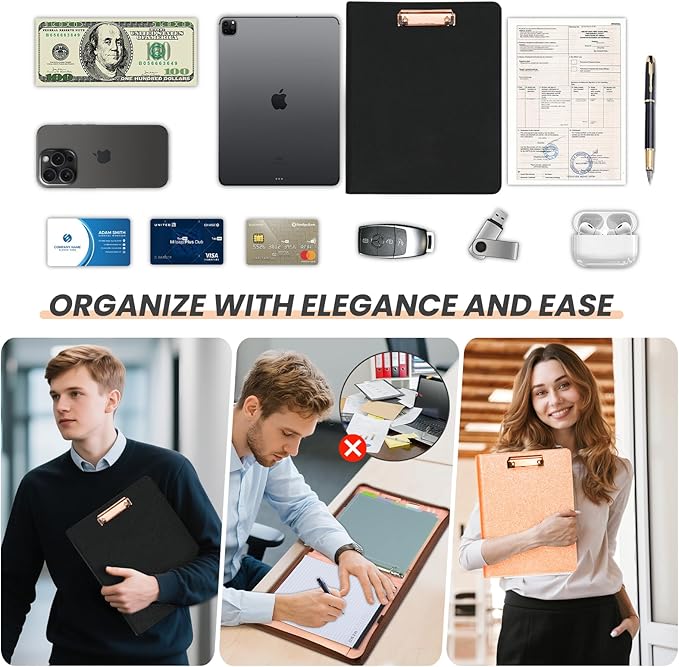 Clipboard with Storage for Men Women, Leather Padfolio Portfolio with Zipper, 1 Inch 3 Ring Binder 5 Dividers, Notepad for Letter Size, Elastic Closure and Pen Loop, Card Slot Black