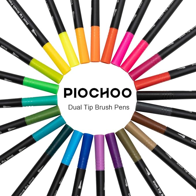 Dual Brush Marker Pens,24 Colored Markers,Fine Point and Brush Tip for Adult Coloring Books Bullet Journals Planners,Note Taking Coloring Writing