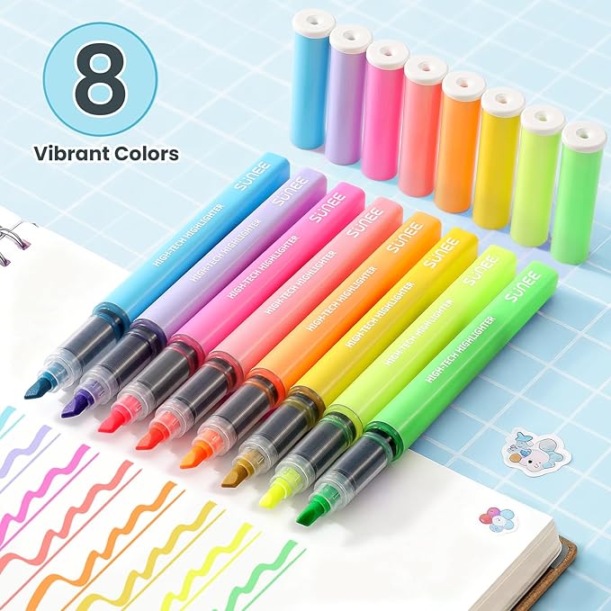 SUNEE Highlighters Assorted Colors, 8 Colors Highlighters with Chisel Tips, Liquid Ink Bible Highlighter for Students, Notes, Planners, Office Supplies, Aesthetic Stationery