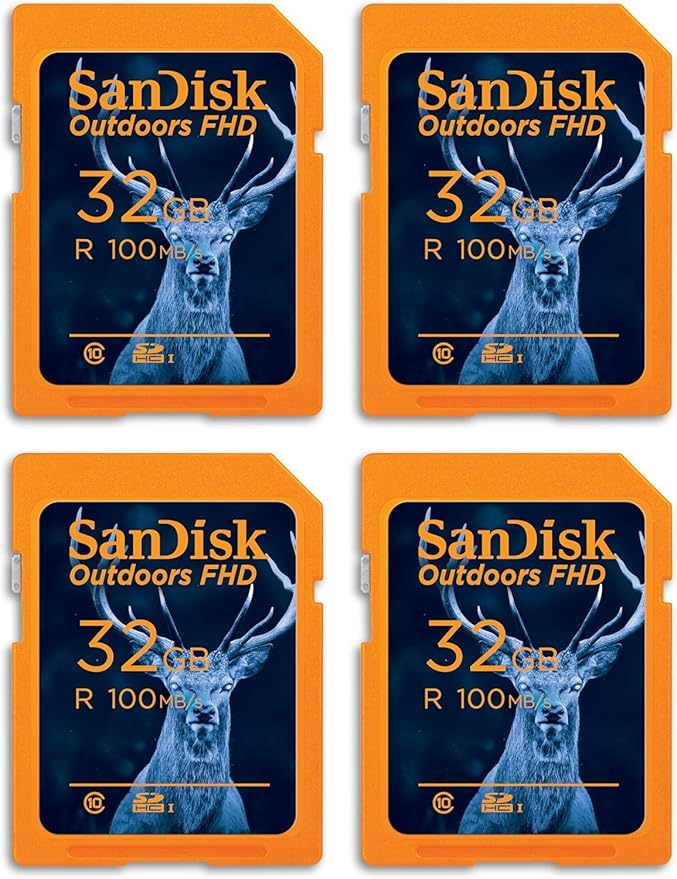 SanDisk 32GB 4-Pack Outdoors FHD SDHC UHS-I Memory Card (4x32GB) - Up to 100MB/s, C10, Trail Camera SD Card - SDSDUNR-032G-GN6V4