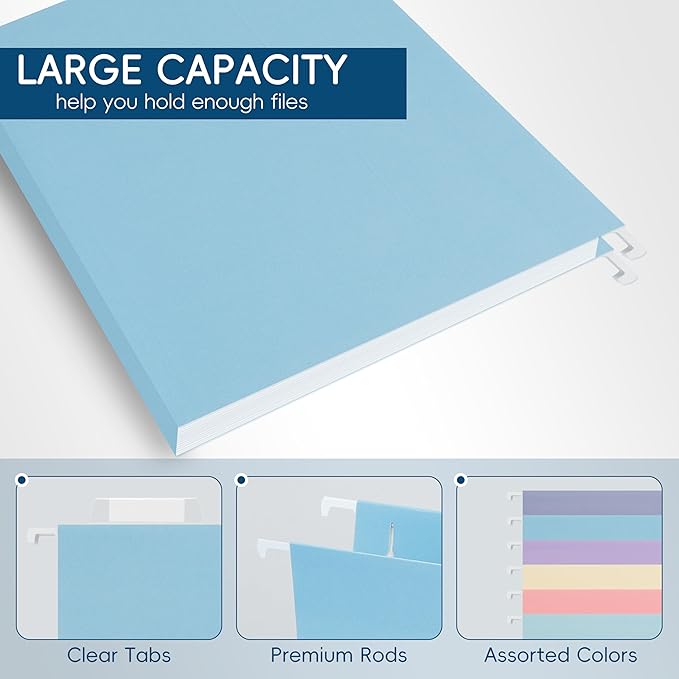 Blue Hanging File Folders,25 Pack Letter Size File Folders with 1/5-cut Tabs,Office Essentials for Filing Cabinet & Desk Storage