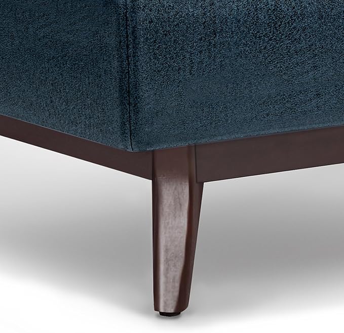 SIMPLIHOME Owen Coffee Table Storage Ottoman - 34 inch Wide Upholstered Vegan Leather Rectangular Lift-Top Ottoman in Distressed Dark Blue, Mid-Century Modern Bench for Living Room with Tapered Legs