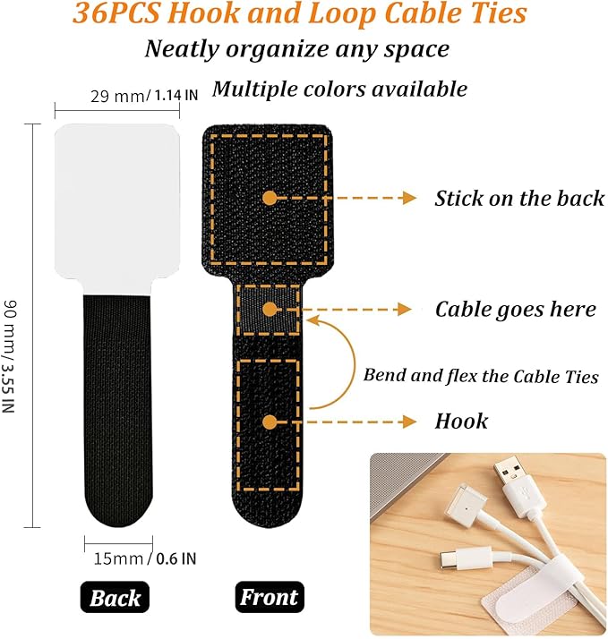 36PCS Cable Organizer Hook and Loop Cable Ties, Self Adhesive Hook and Loop Cable Straps Sticky-back Cable Management Cord Organizer Cable Clip for Household & Office Essentials (White*36)